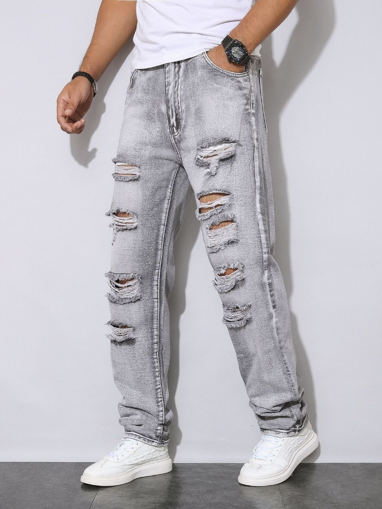 Men'S Fashion Grey Jeans - Heren herfst-winter grijs denimbroek met verweerde